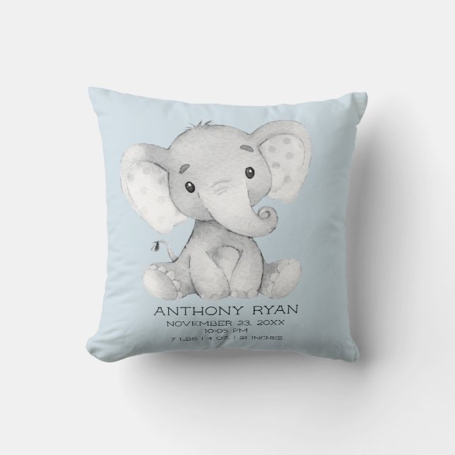 Boy Elephant Baby Birth Stats Pillow (Front)