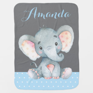 Boy Elephant Baby Blue and Gray Baby Blanket