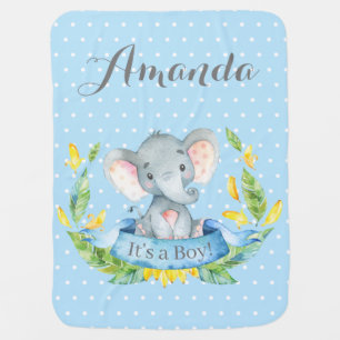 Boy Elephant Baby Blue and Gray Baby Blanket