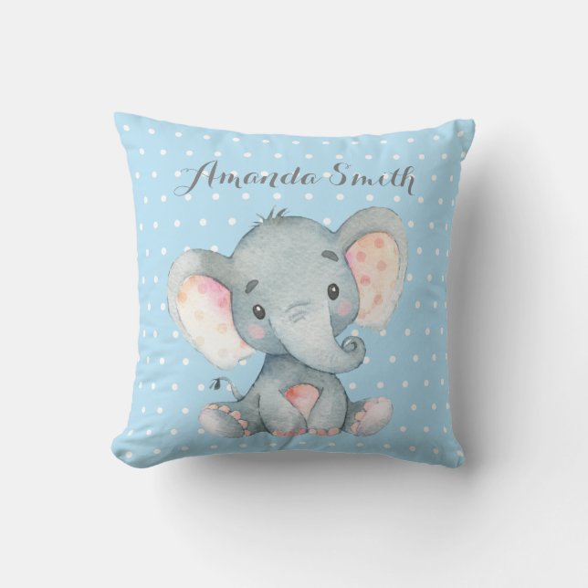 Boy Elephant Baby Blue and Gray Throw Pillow (Front)