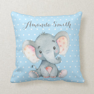 Boy Elephant Baby Blue and Gray Throw Pillow