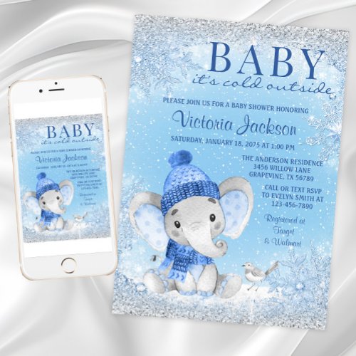 Boy Elephant Baby its Cold Outside Baby Shower Invitation