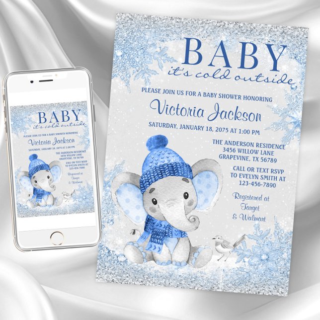 Boy Elephant Baby its Cold Outside Baby Shower Invitation (Baby its cold outside baby shower invitations. Instant download and printed invitations available.)