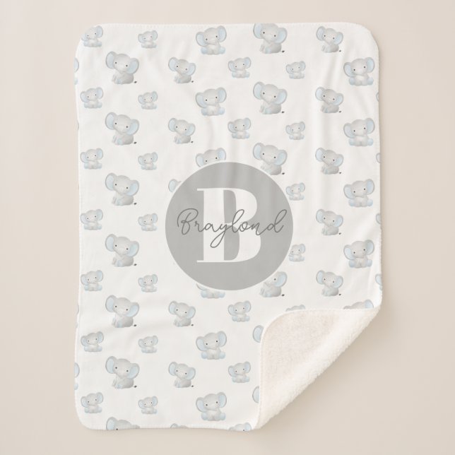 Boy Elephant Baby Name Sherpa Blanket (Front)