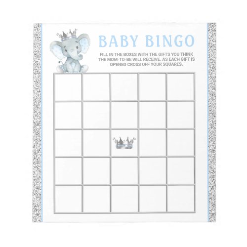 Boy Elephant Baby Shower Bingo Game Cards Notepad