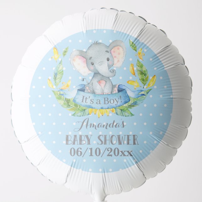 Boy Elephant Baby Shower Blue and Gray Balloon (Front)
