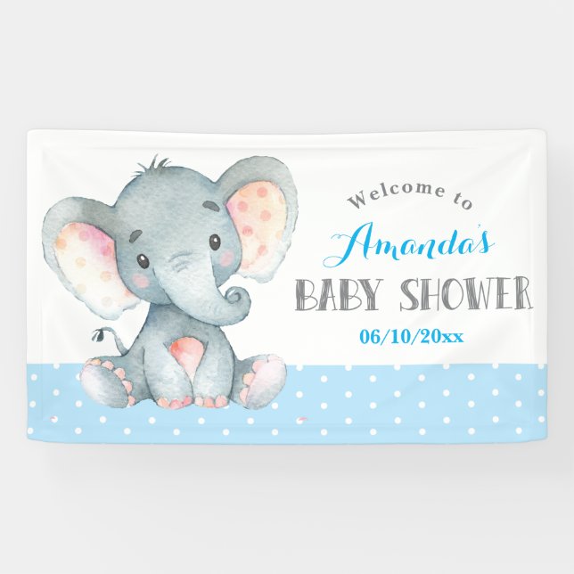 Boy Elephant Baby Shower Blue and Gray Banner (Horizontal)