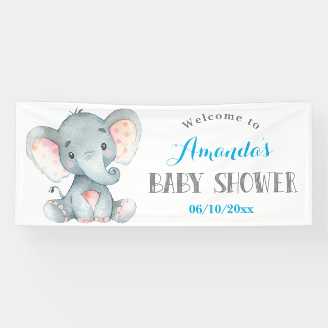 Boy Elephant Baby Shower Blue and Gray Banner (Horizontal)