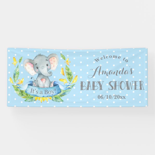 Boy Elephant Baby Shower Blue and Gray Banner (Horizontal)