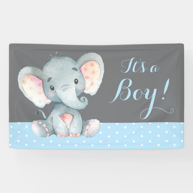 Boy Elephant Baby Shower Blue and Gray Banner (Horizontal)