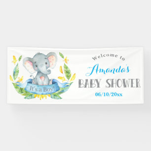 Boy Elephant Baby Shower Blue and Gray Banner