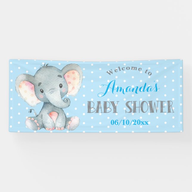 Boy Elephant Baby Shower Blue and Gray Banner (Horizontal)