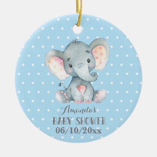 Boy Elephant Baby Shower Blue and Gray Ceramic Ornament
