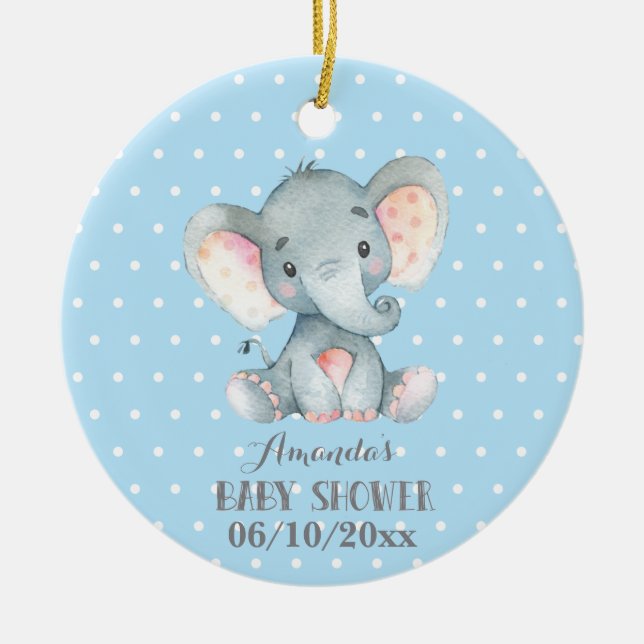 Boy Elephant Baby Shower Blue and Gray Ceramic Ornament (Front)