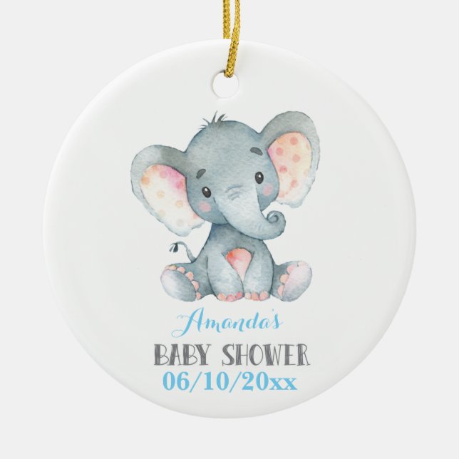 Boy Elephant Baby Shower Blue and Gray Ceramic Ornament (Front)
