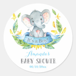 Boy Elephant Baby Shower Blue and Gray Classic Round Sticker