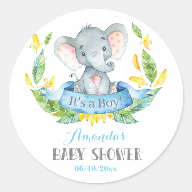 Boy Elephant Baby Shower Blue and Gray Classic Round Sticker (Front)
