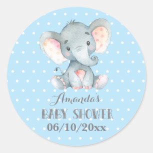 Boy Elephant Baby Shower Blue and Gray Classic Round Sticker