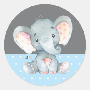 Boy Elephant Baby Shower Blue and Gray Classic Round Sticker