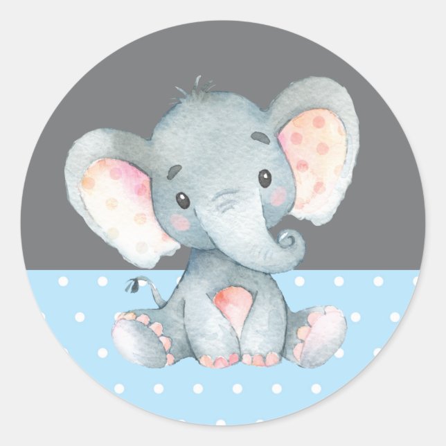 Boy Elephant Baby Shower Blue and Gray Classic Round Sticker (Front)