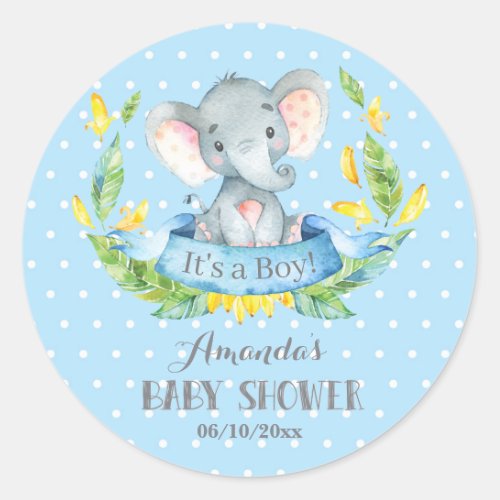 Boy Elephant Baby Shower Blue and Gray Classic Round Sticker