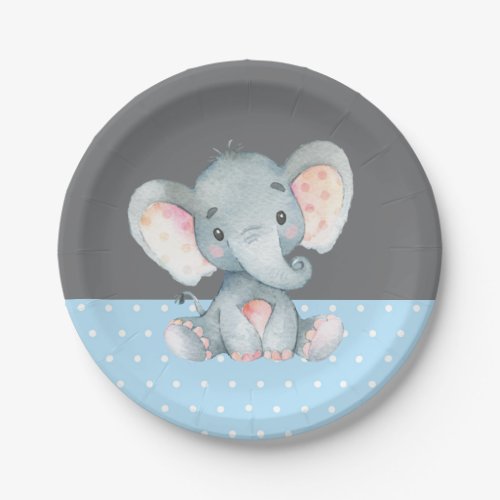 Boy Elephant Baby Shower Blue and Gray Paper Plates