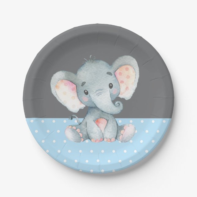 Boy Elephant Baby Shower Blue and Gray Paper Plates (Front)
