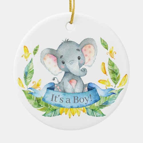 Boy Elephant Baby Shower Blue Ceramic Ornament