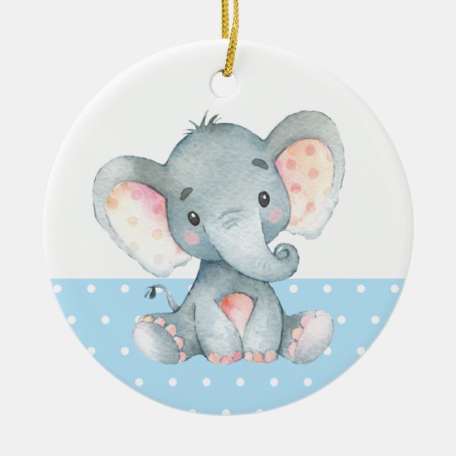 Boy Elephant Baby Shower Blue Ceramic Ornament (Front)