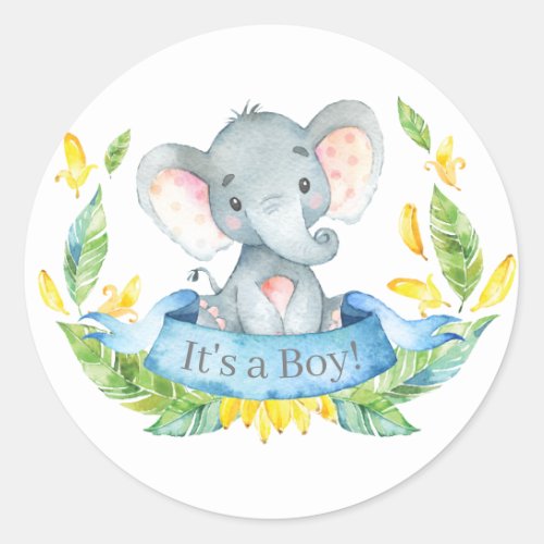 Boy Elephant Baby Shower Blue Classic Round Sticker