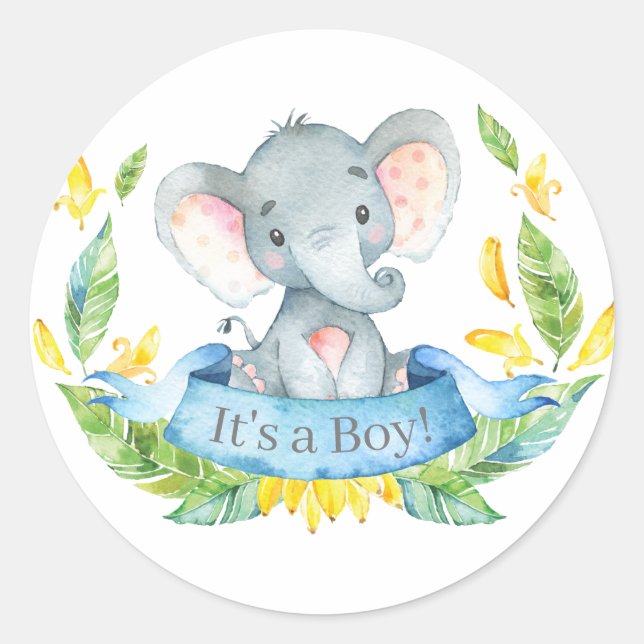 Boy Elephant Baby Shower Blue Classic Round Sticker (Front)
