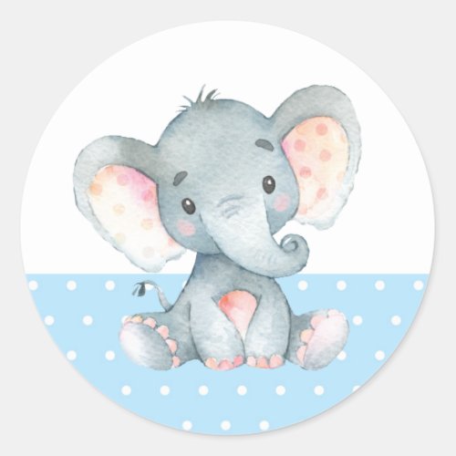Boy Elephant Baby Shower Blue Classic Round Sticker