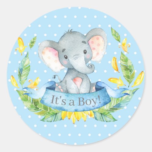 Boy Elephant Baby Shower Blue Classic Round Sticker