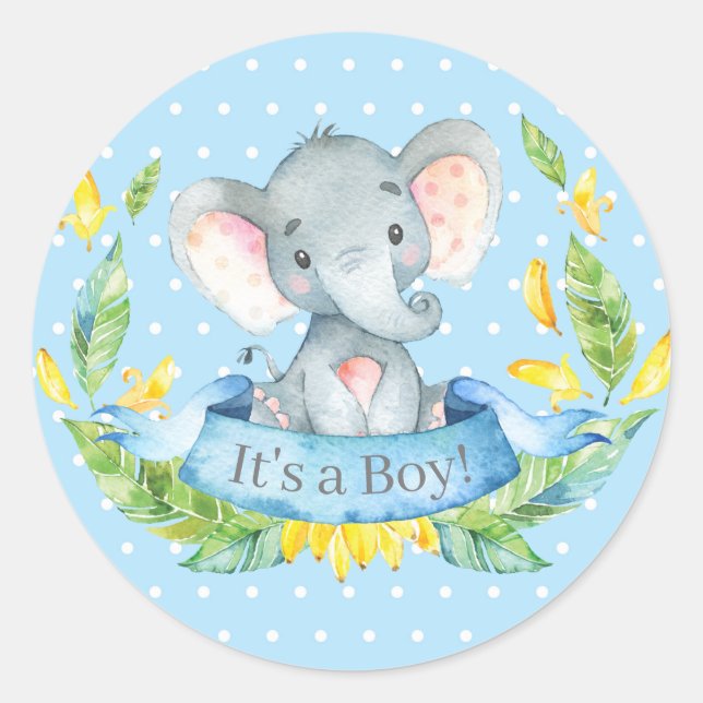 Boy Elephant Baby Shower Blue Classic Round Sticker (Front)