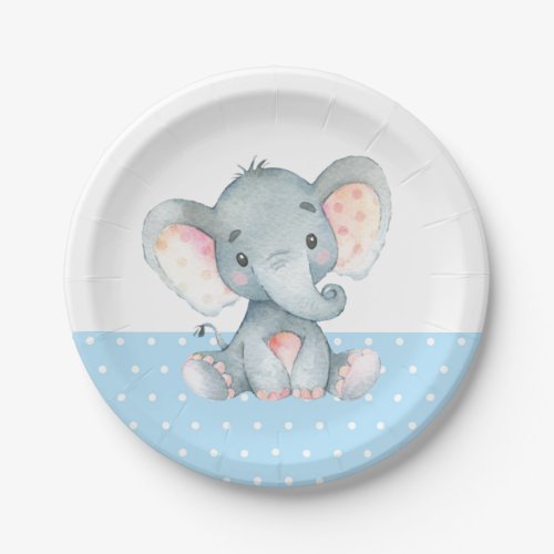 Boy Elephant Baby Shower Blue Paper Plate
