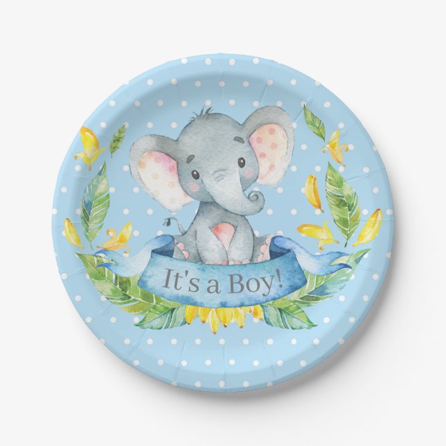 Boy Elephant Baby Shower Blue Paper Plates (Front)