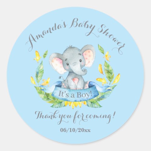 Boy Elephant Baby Shower Blue Thank You Favor Classic Round Sticker