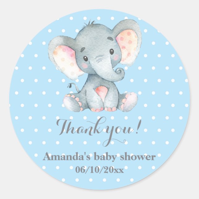 Boy Elephant Baby Shower Blue Thank You Favor Classic Round Sticker (Front)