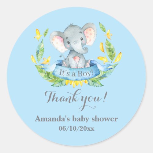 Boy Elephant Baby Shower Blue Thank You Favor Classic Round Sticker