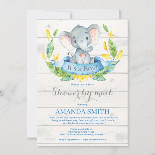 Boy Elephant Baby Shower by Mail Invitation (Front)