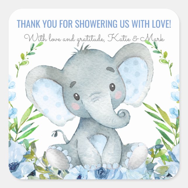 Boy Elephant Baby Shower Favor Stickers (Front)