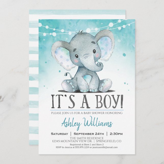 Boy Elephant Baby Shower Invitation (Front/Back)