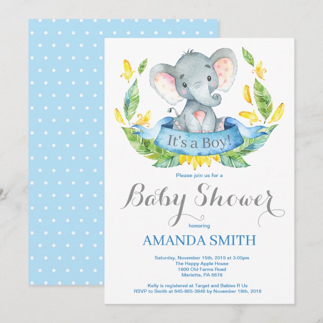 Boy Elephant Baby Shower Invitation Blue and Gray (Front/Back)