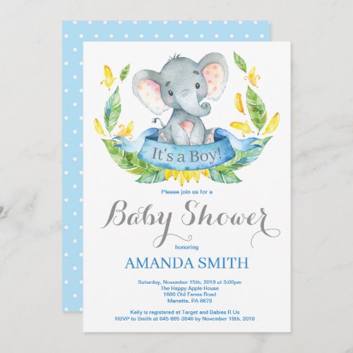 Boy Elephant Baby Shower Invitation Blue and Gray