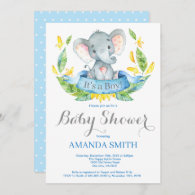 Boy Elephant Baby Shower Invitation Blue and Gray