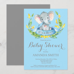 Boy Elephant Baby Shower Invitation Blue and Gray