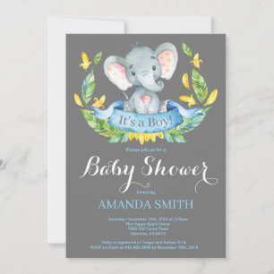 Boy Elephant Baby Shower Invitation Blue and Gray