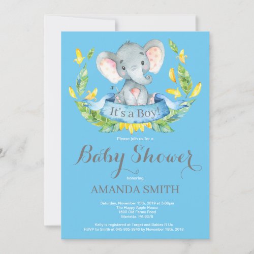 Boy Elephant Baby Shower Invitation Blue and Gray