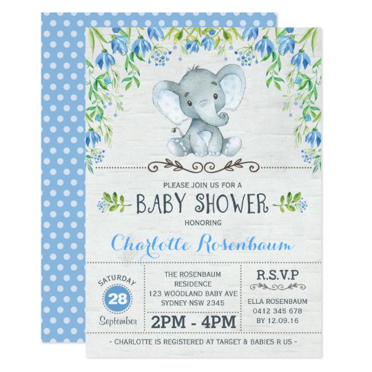 Boy Elephant Baby Shower Invitation Blue Floral | Zazzle.com
