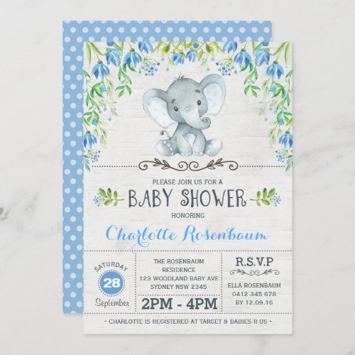 Boy Elephant Baby Shower Invitation Blue Floral
